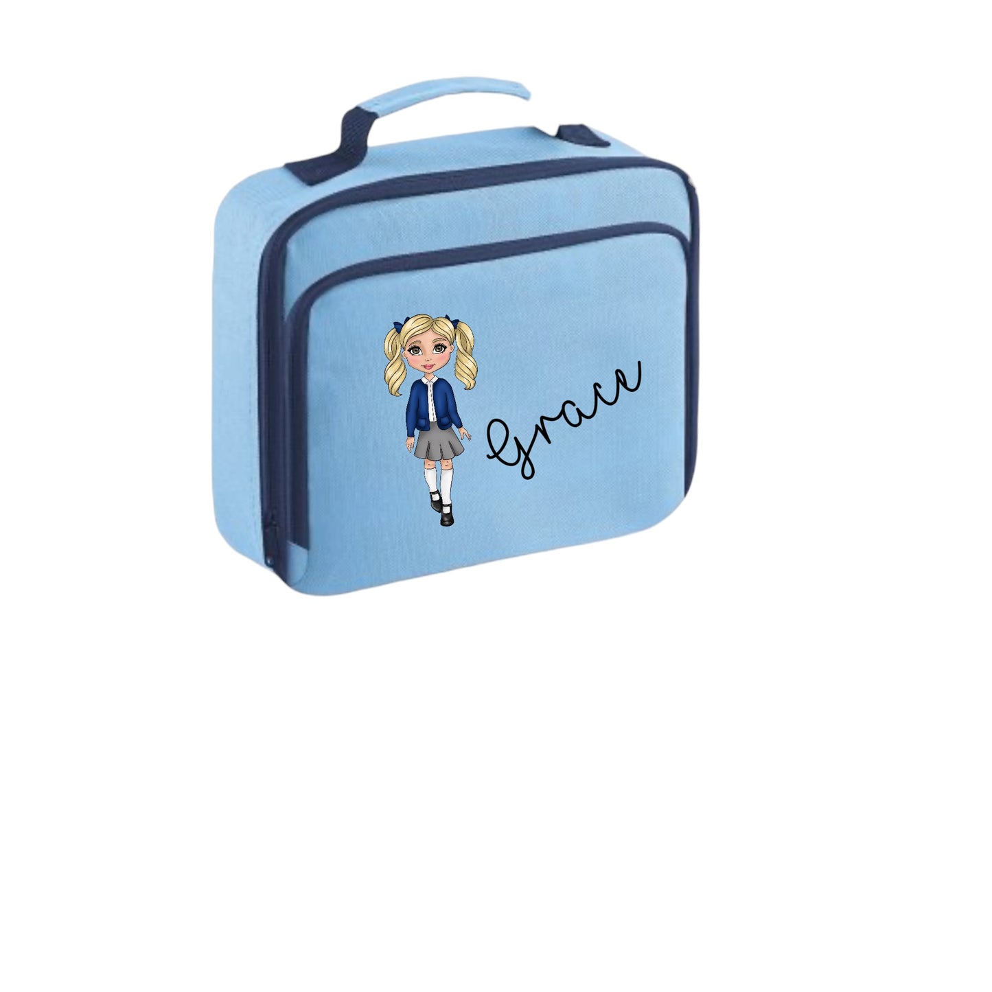 Personalised lunch bag with design to match your child’s hair colour and uniform colour