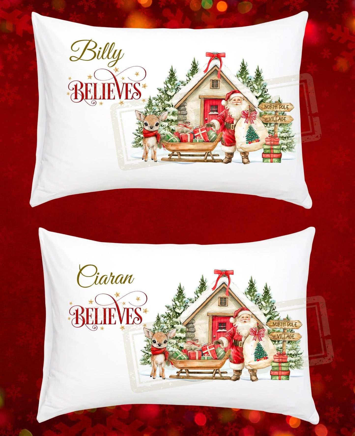 Two Christmas-themed pillowcases with Santa Claus and reindeer on a red background.