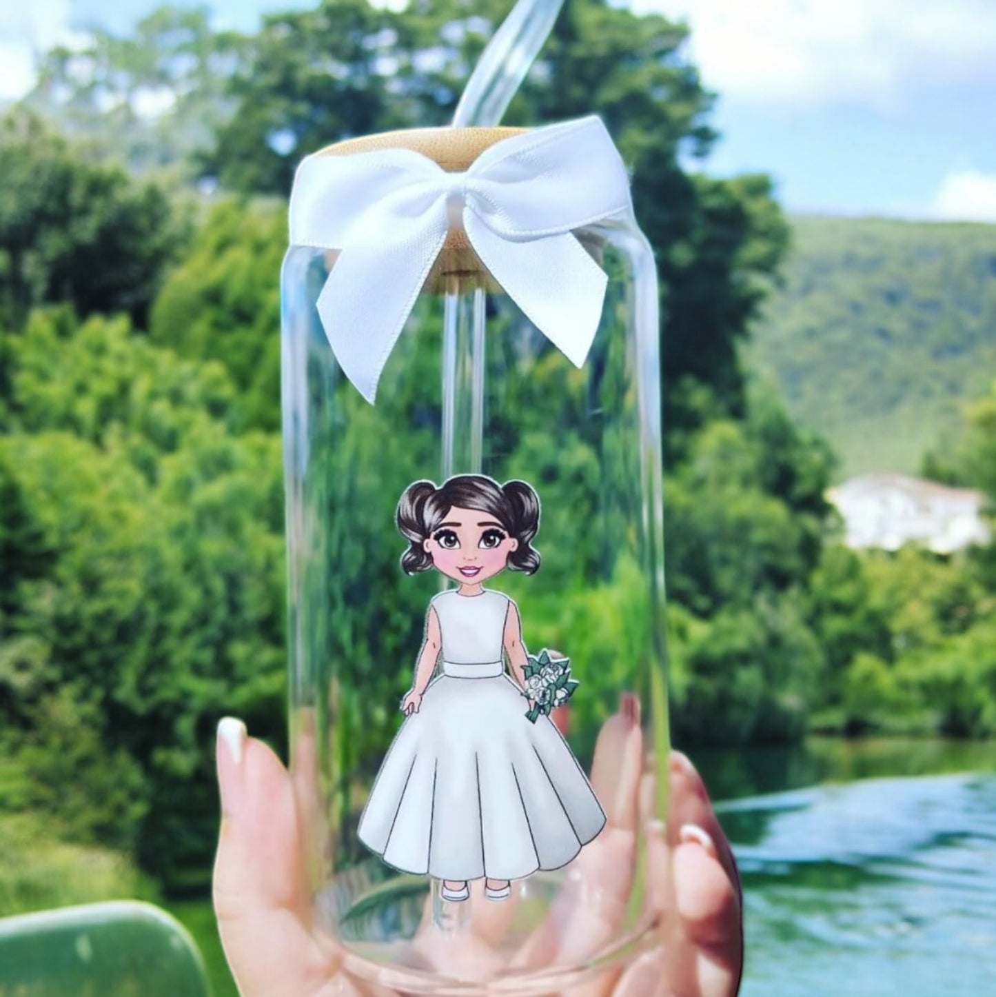 Beer Can Glass with Bamboo lid Flower Girl