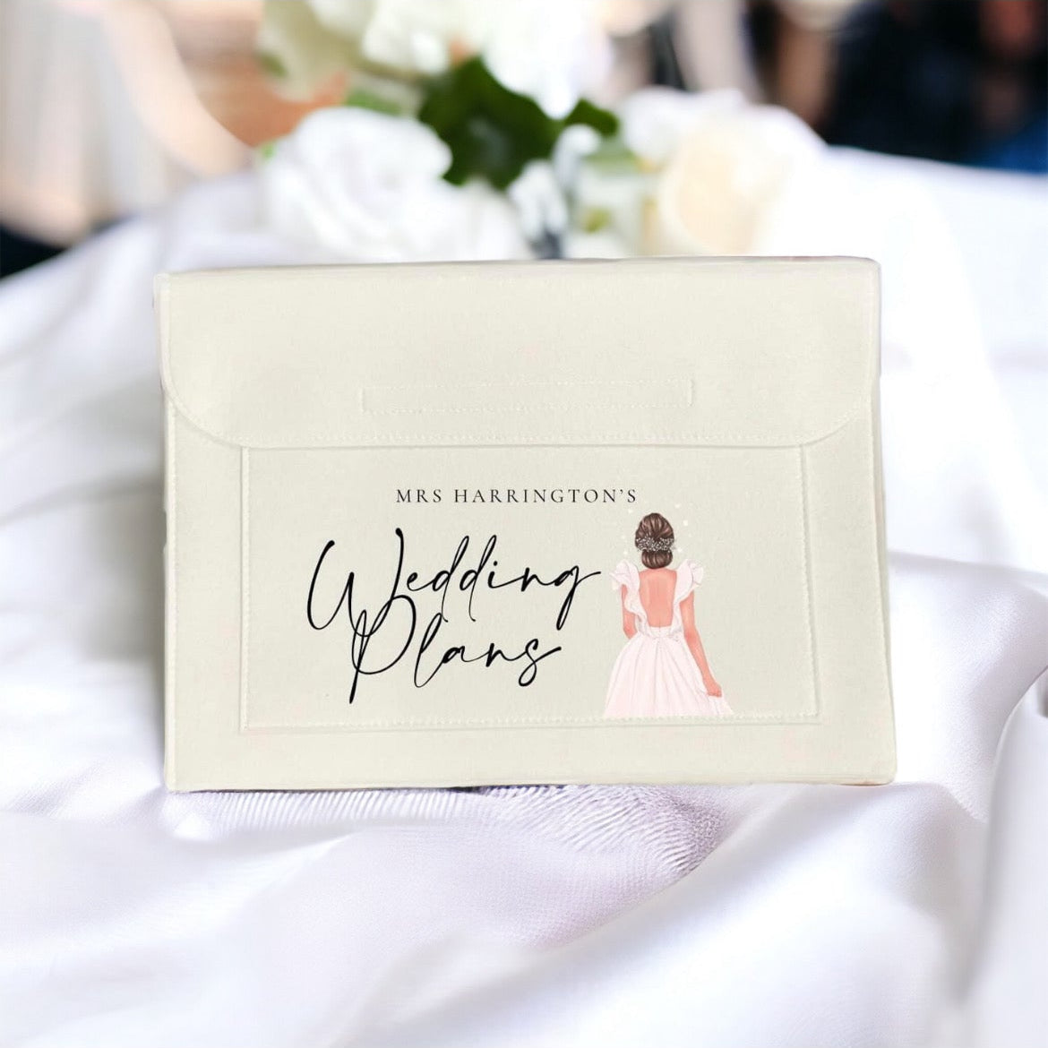A beige felted wallet with the text 'Wedding Plans' written on it, displayed on a white surface, presumably the product itself.