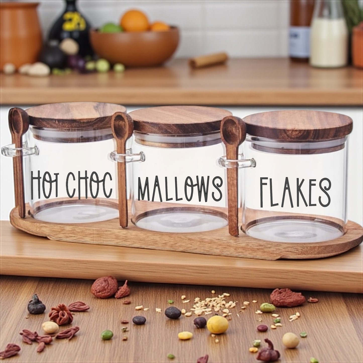 Set of 3 jars Hot Chocolate Station with tray and spoons