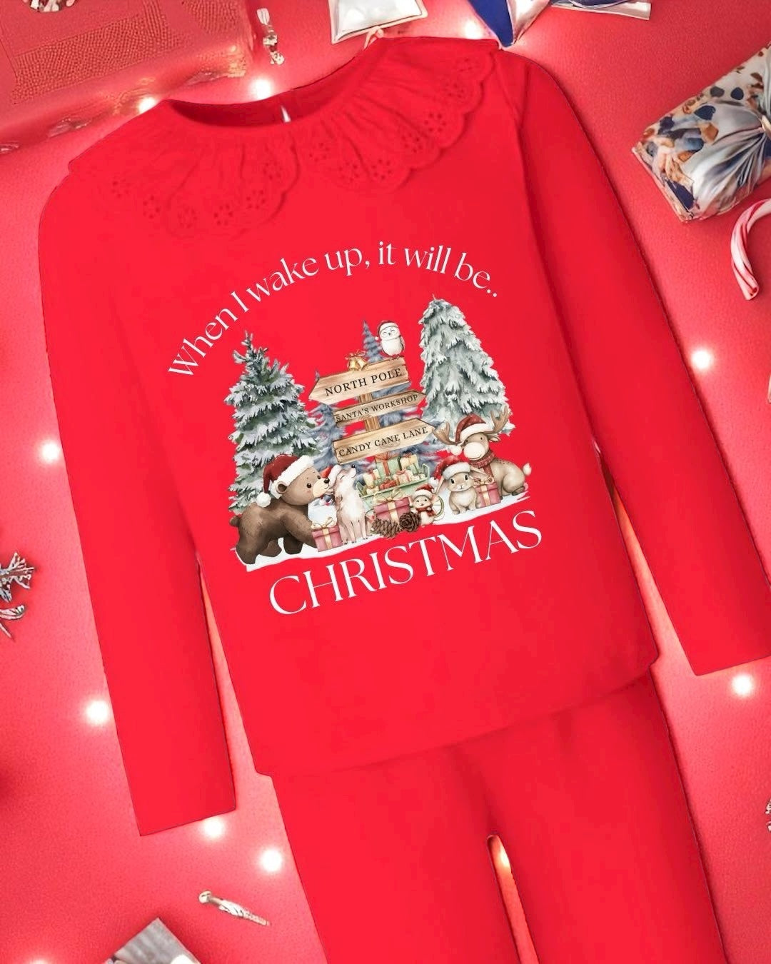 When I wake up Frill Christmas PJS Personalised