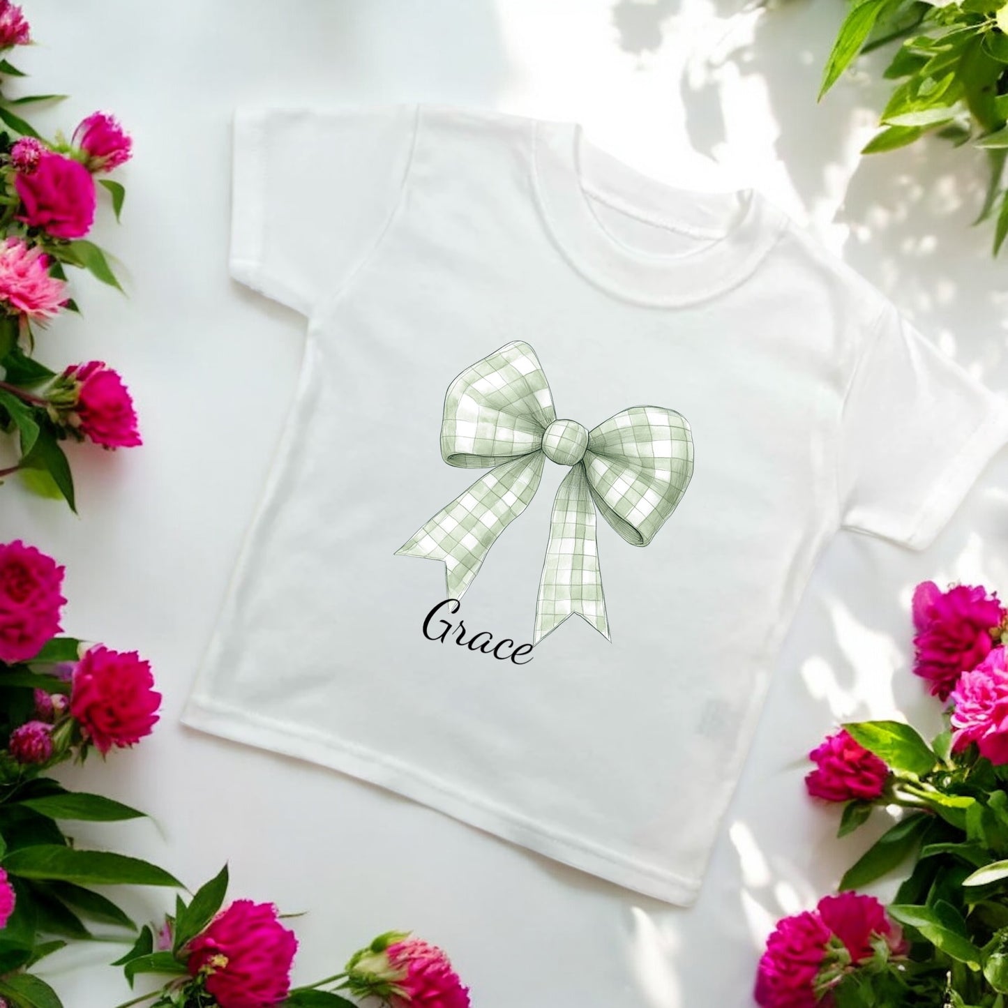 Bow T Shirts Personalised or with Mini on Blue Version