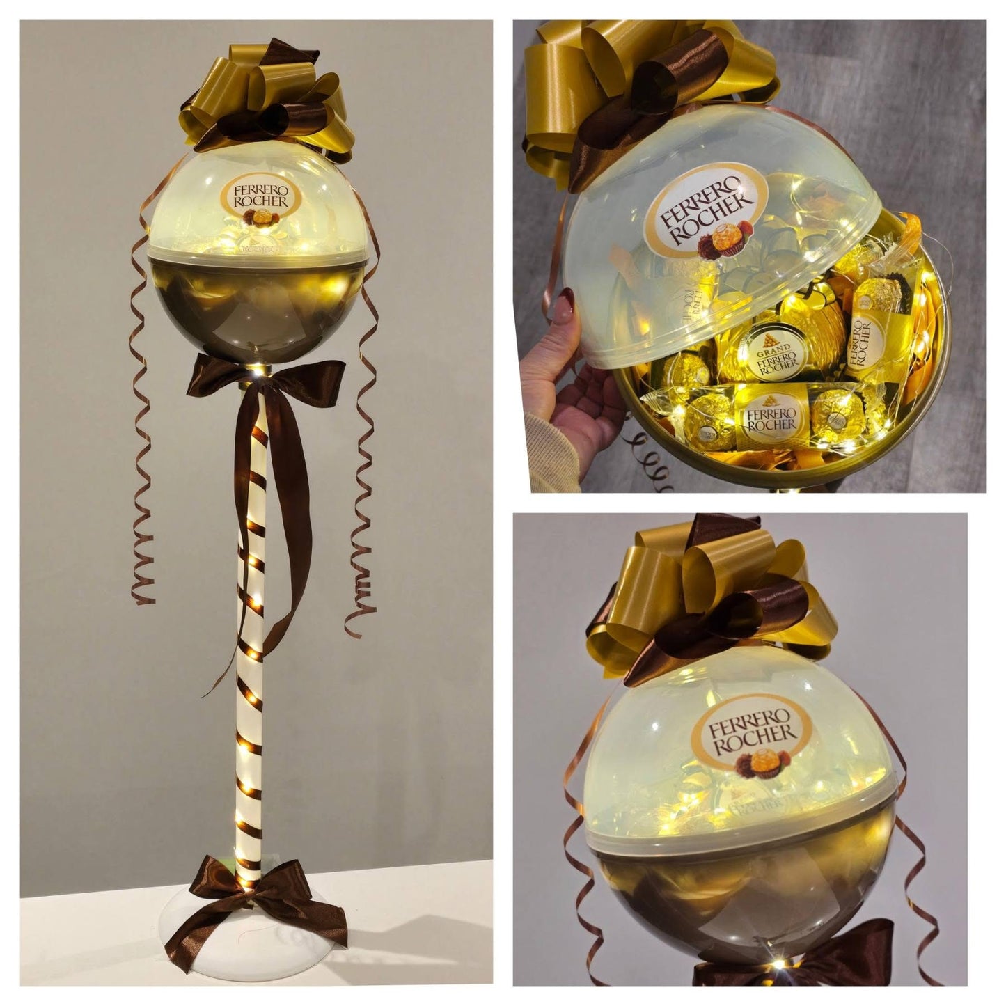Ferrero Rocher chocolate holder with lights and ribbons on a gray background