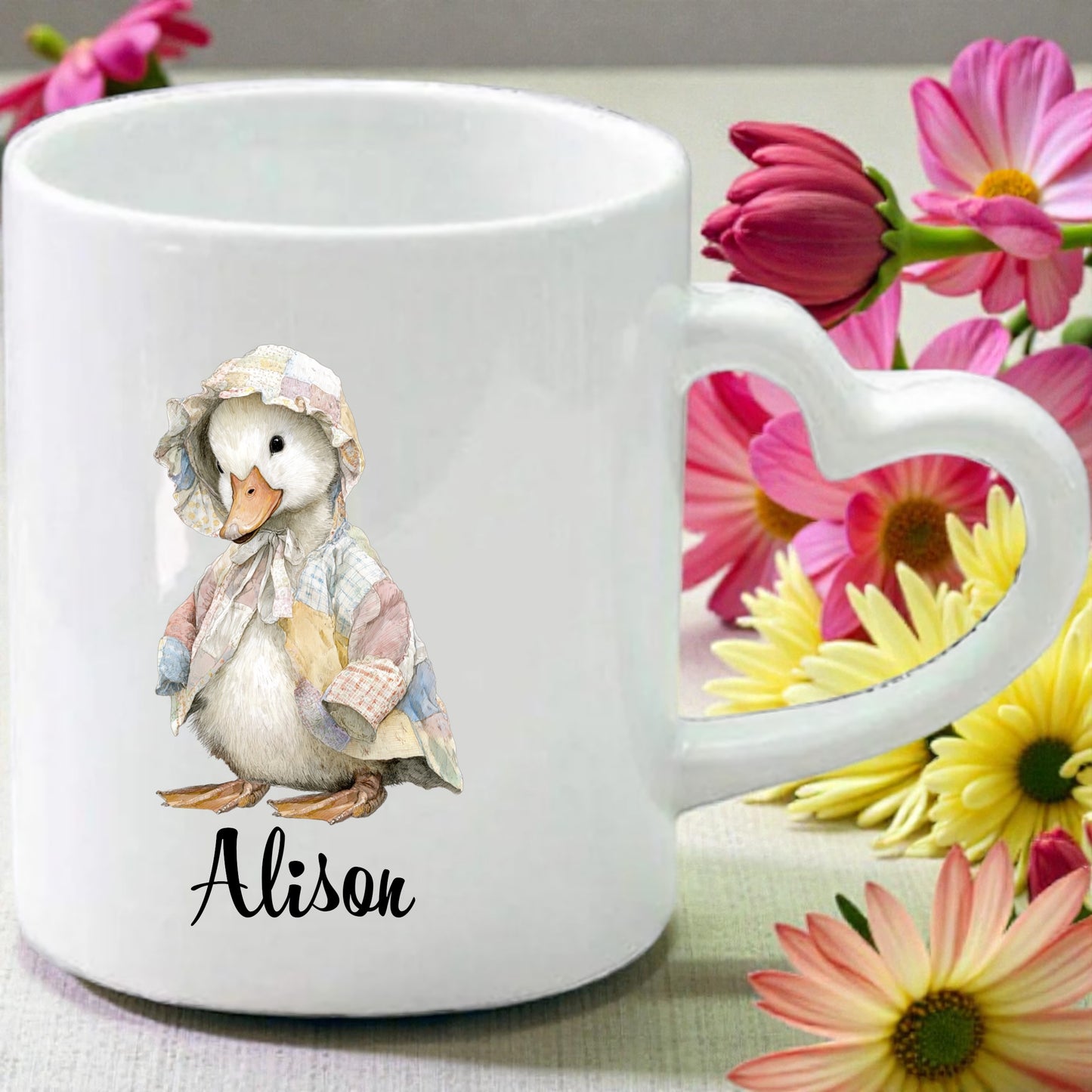Mrs Duck Personalised Heart handle Mug