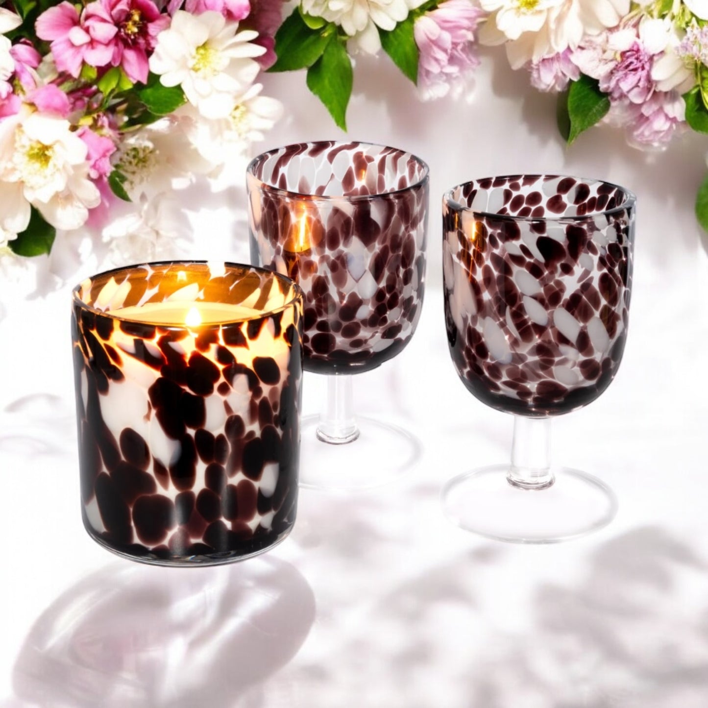 Short Stem Wine Glass and Fleck Print Candle : Merlot