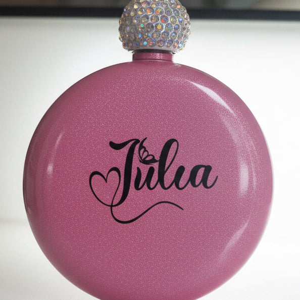 Pink perfume bottle with 'Julia' branding on a white background