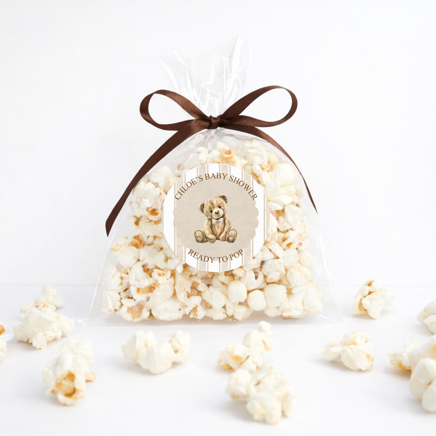 Ready to Pop Custom Baby Shower bags with stickers and ribbons no popcorn