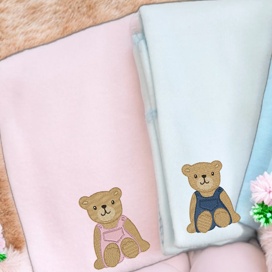 Baby Fleece Blankets with Embroidery Affect Bear