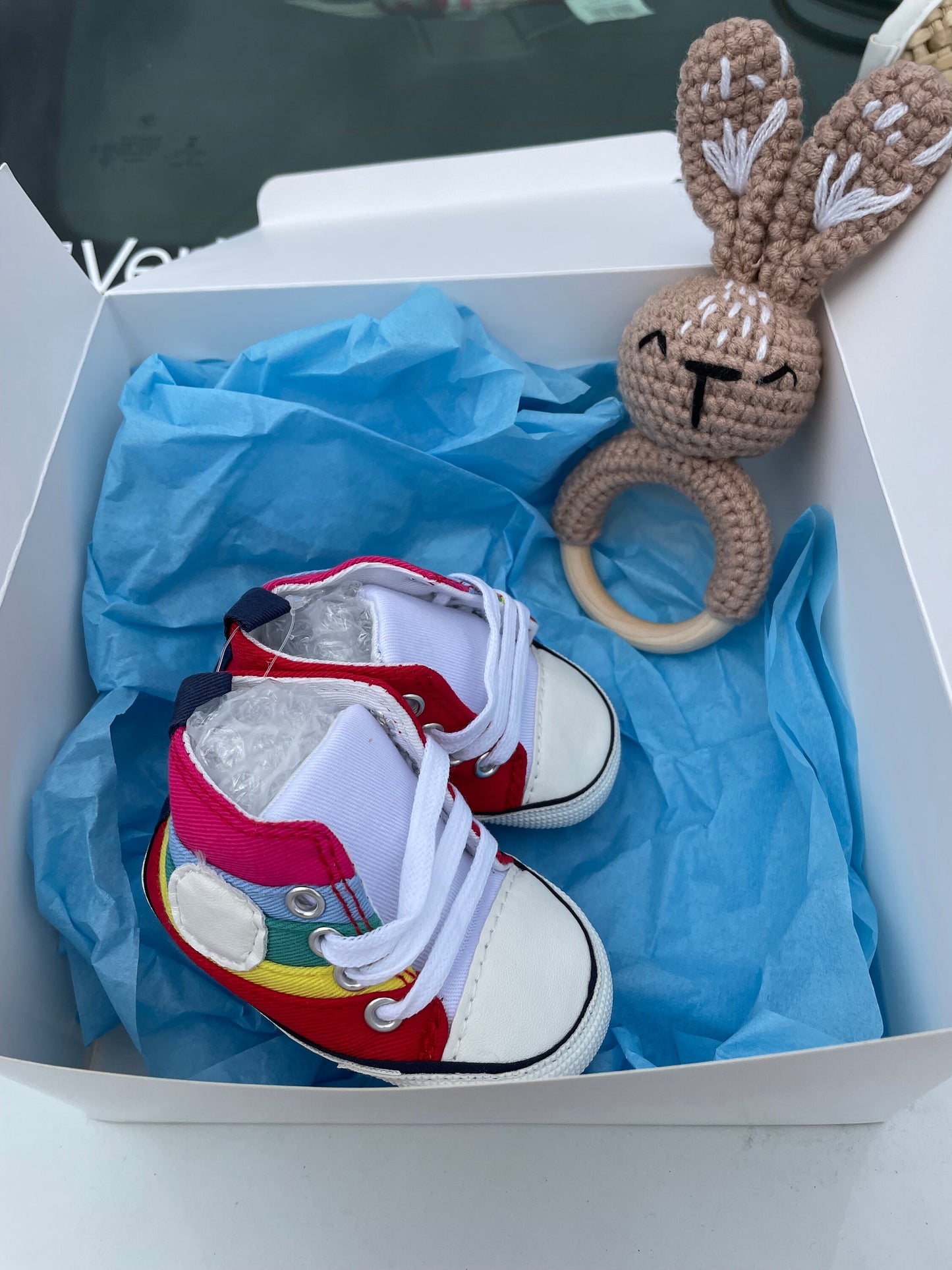 Baby Box Gift / New Baby Gift/ Baby Shower Gift / rainbow/ baby Rattle/ Baby shoes