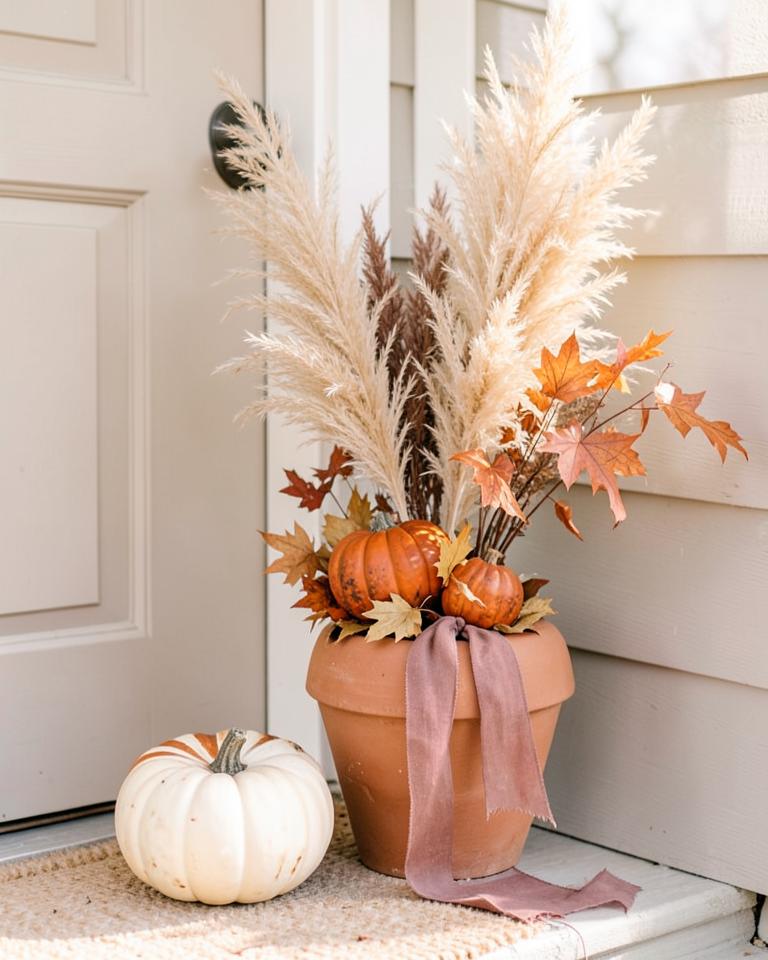 Autumn doorstep with handmade dried flowers, pumpkins and wheat beside terracotta pots