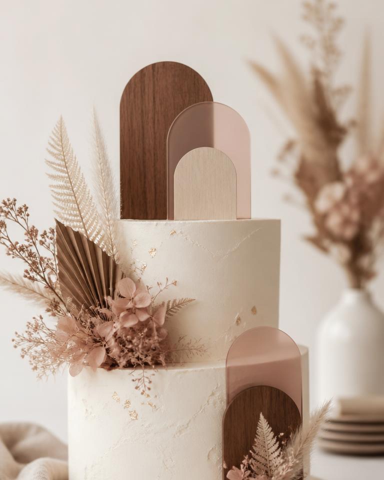 Handmade cake toppers styled on a blush linen backdrop