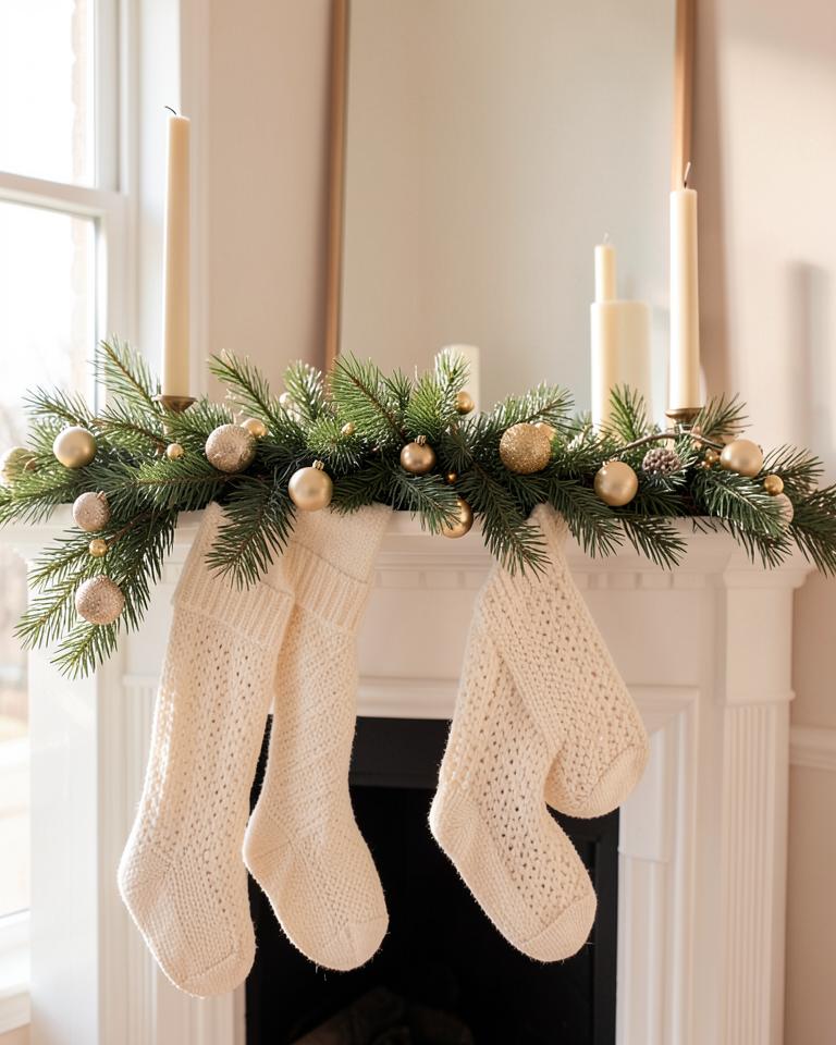 Bright Christmas mantelpiece styled with a handmade pine garland, gold baubles and cream stockings