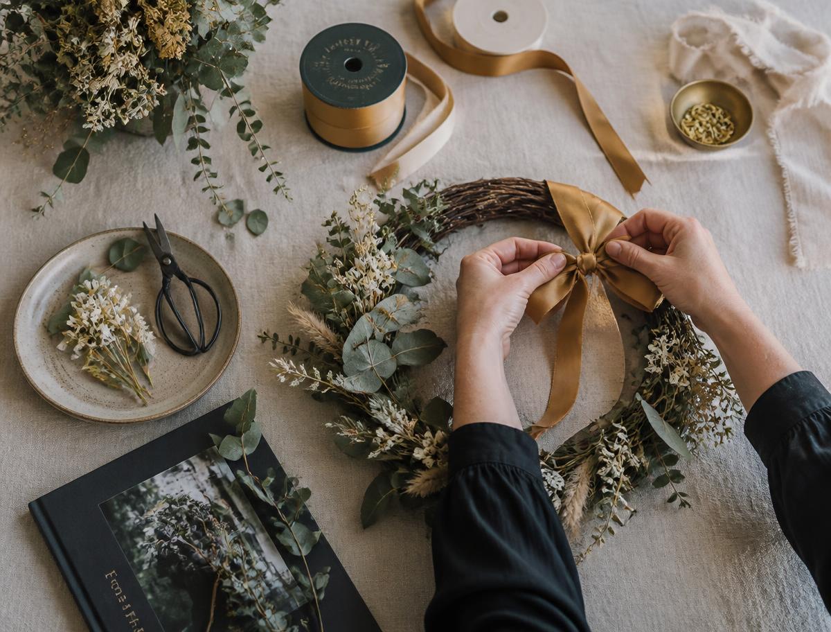 Maker tying a gold ribbon onto a handmade dried flower wreath on a linen covered worktable