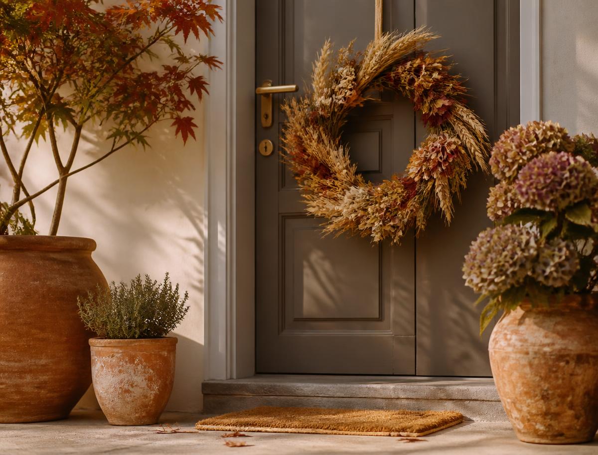 Autumn doorstep with a handmade dried flower and wheat wreath beside terracotta pots