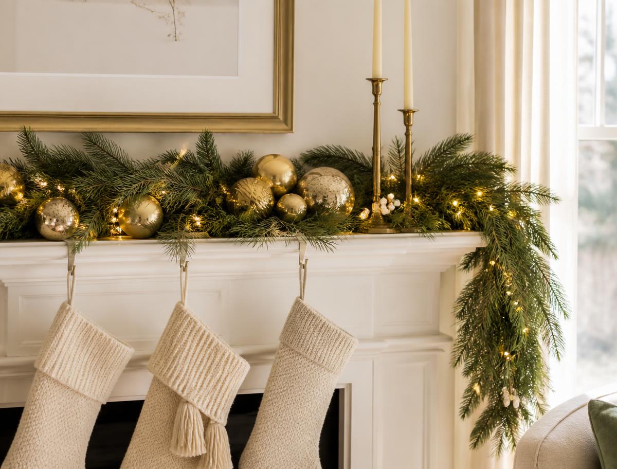 Bright Christmas mantelpiece styled with a handmade pine garland, gold baubles and cream stockings