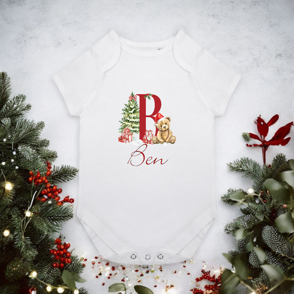 Christmas Personalised Bear Inital Bodysuit