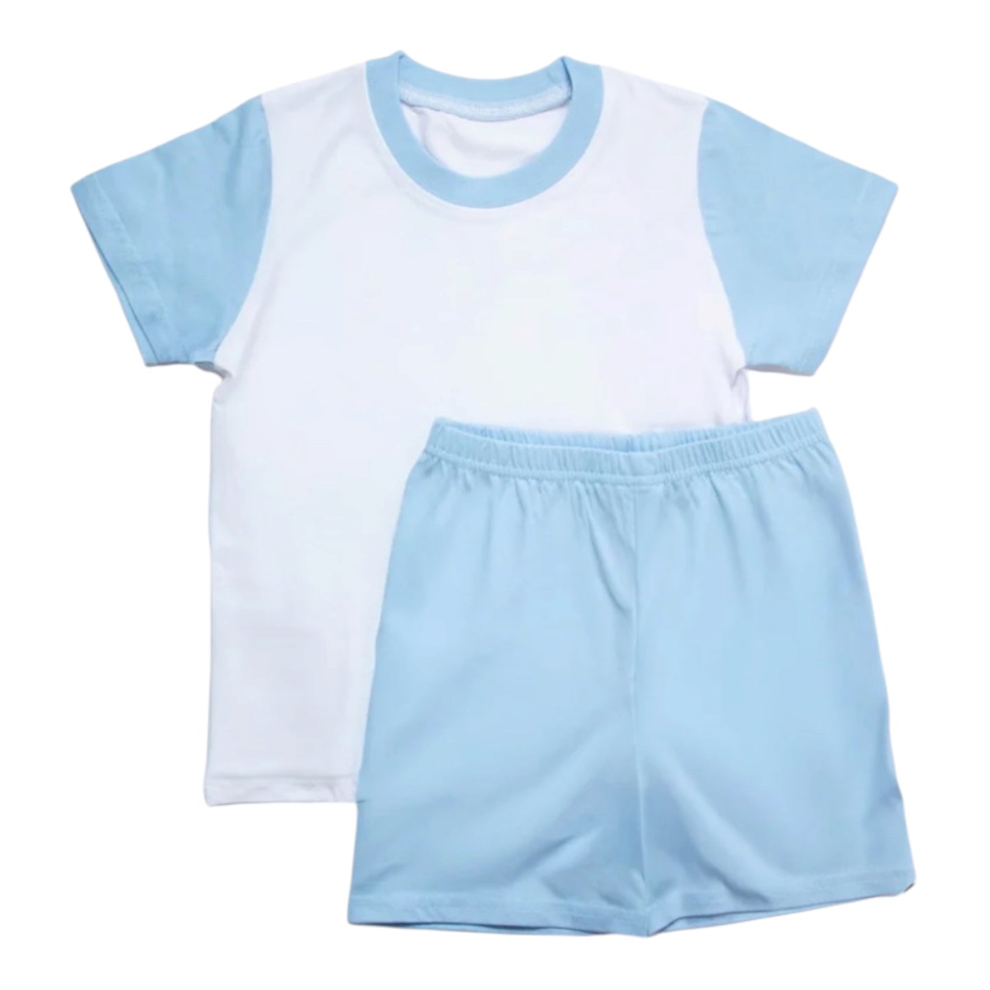 A two-piece kids' two-tone outfit set featuring a short-sleeve t-shirt with a white body and light blue sleeves, collar, and sleeve cuffs, paired with matching light blue shorts.