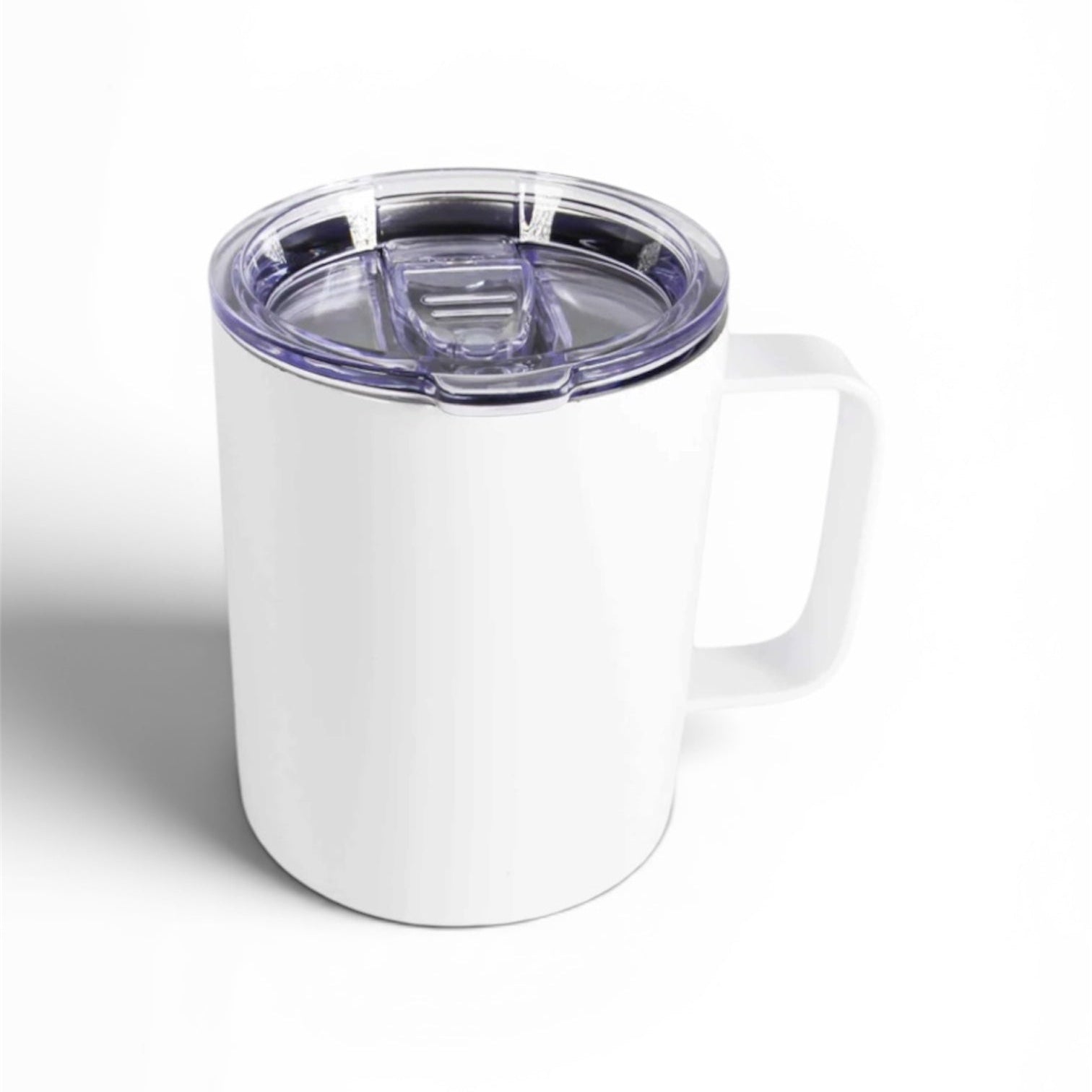 White mug with a purple lid on a white background