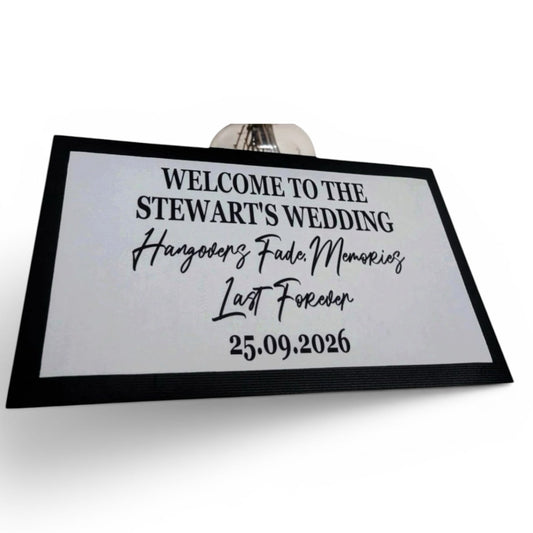 Wedding welcome sign with personalized text on a white background