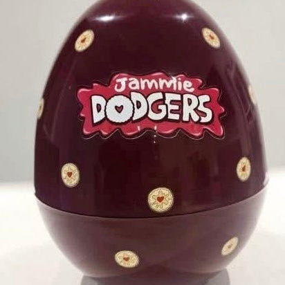 Chocolate egg with Jammie Dodgers branding on a white background