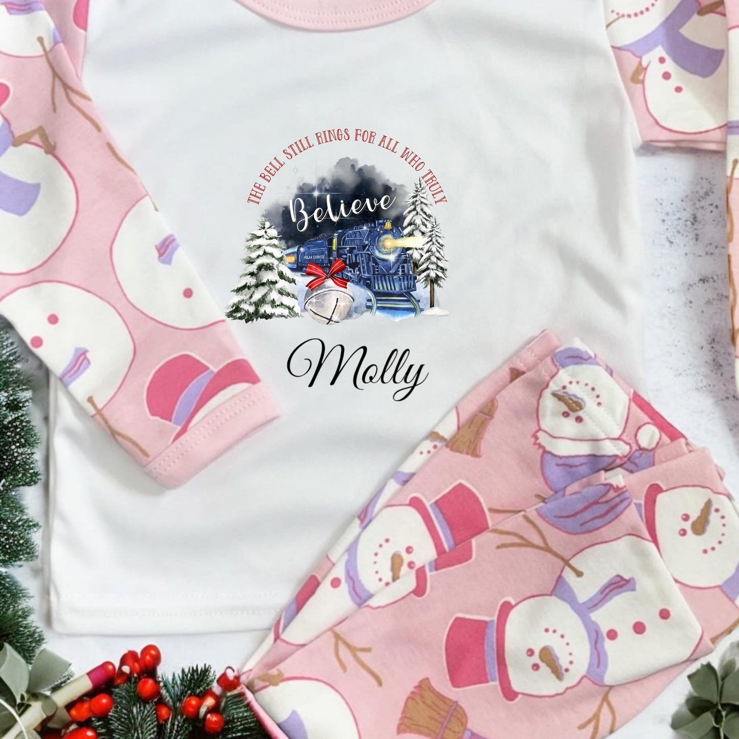 Snowman PJS Personalised / Matching Linen Bag pink