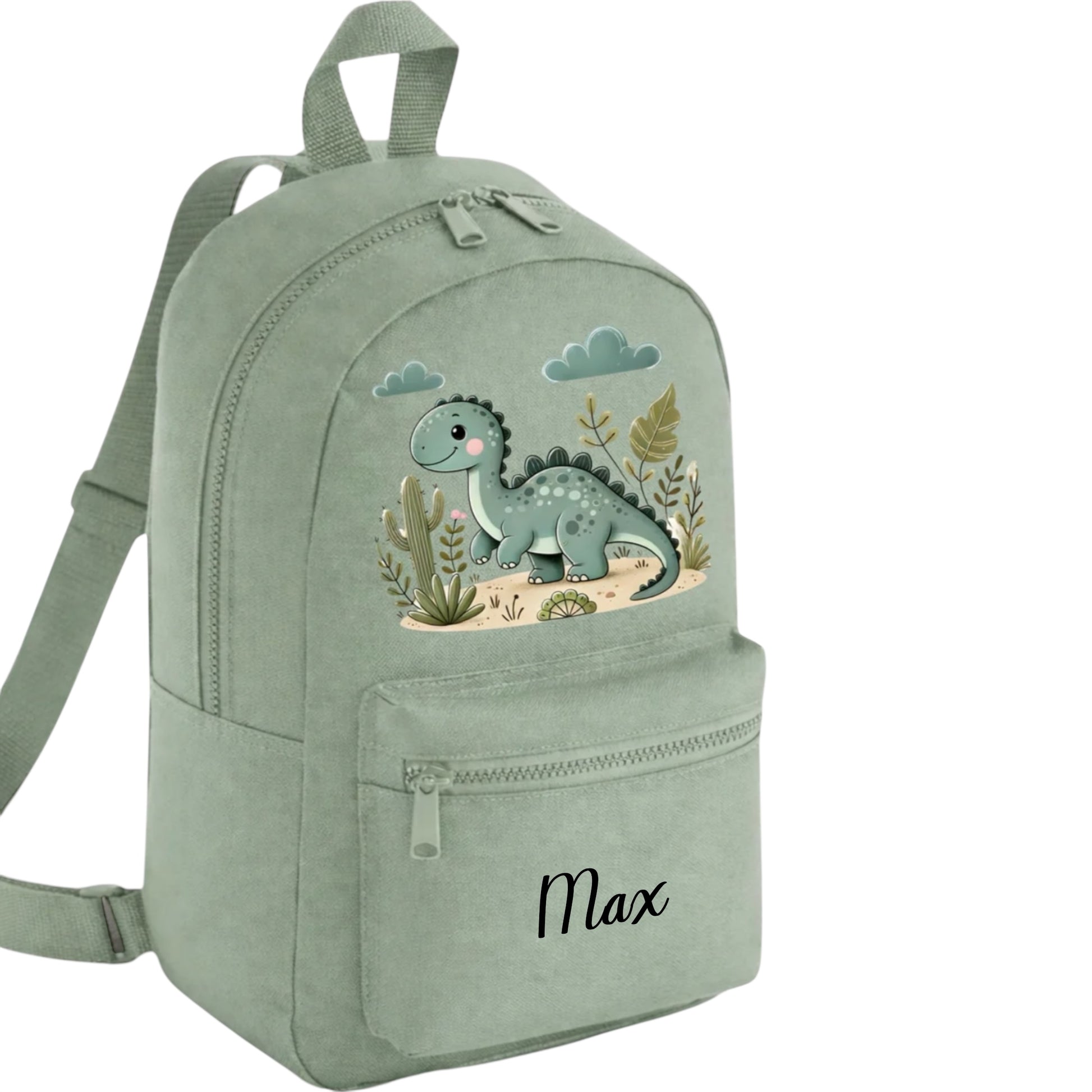 Green backpack with dinosaur design and 'Max' on a white background