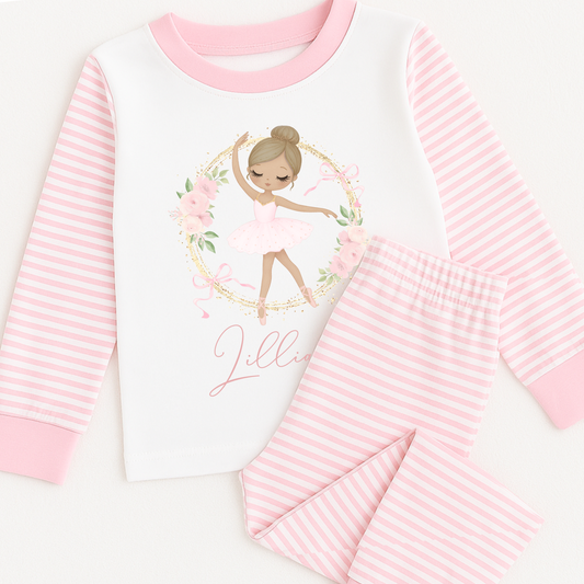 Children's pajama set with a ballerina design and 'Jill' text on a white background
