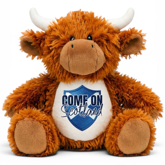 Plush toy Highland cow with 'Come on Scotland' text on a white background