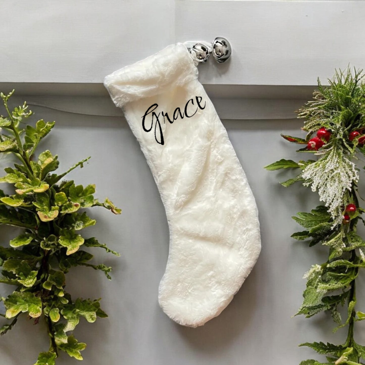 Fluffy Soft Christmas Stockings with Silver Bells Personalised