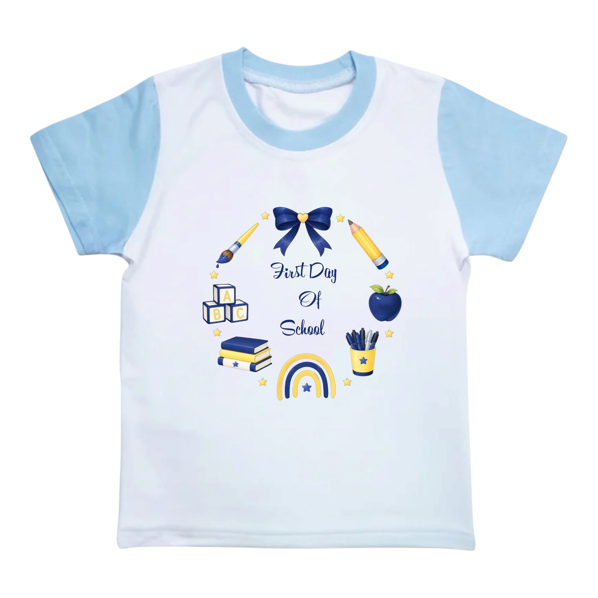 A kids' short-sleeve raglan t-shirt with a white body and light blue sleeves, featuring a 'First Day Of School' school supplies graphic in blue and yellow.