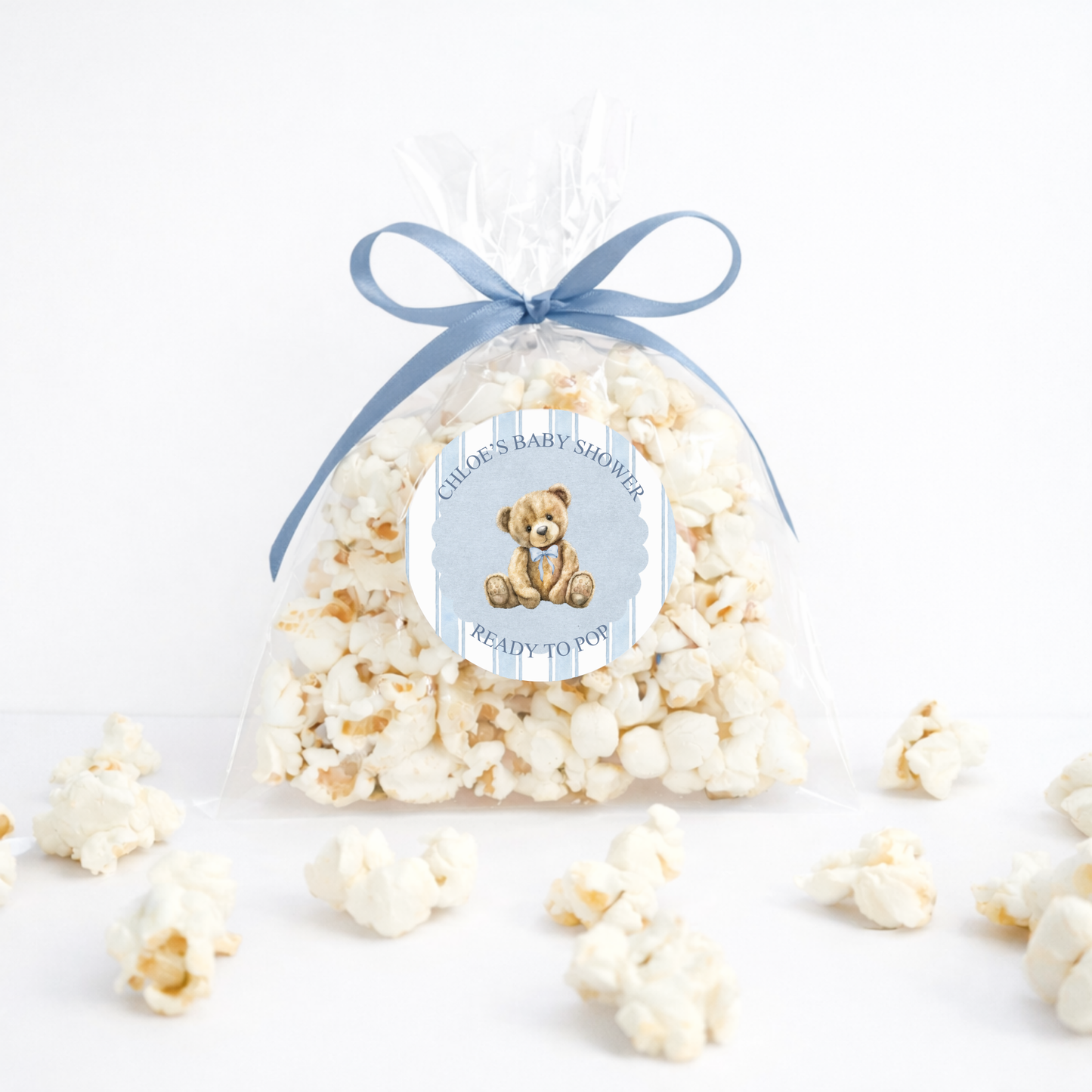 Ready to Pop Custom Baby Shower bags with stickers and ribbons no popcorn