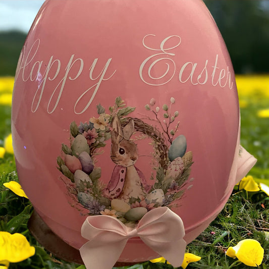 A pink giant fillable egg with a floral design and 'Happy Easter' text, decorated with a bow.