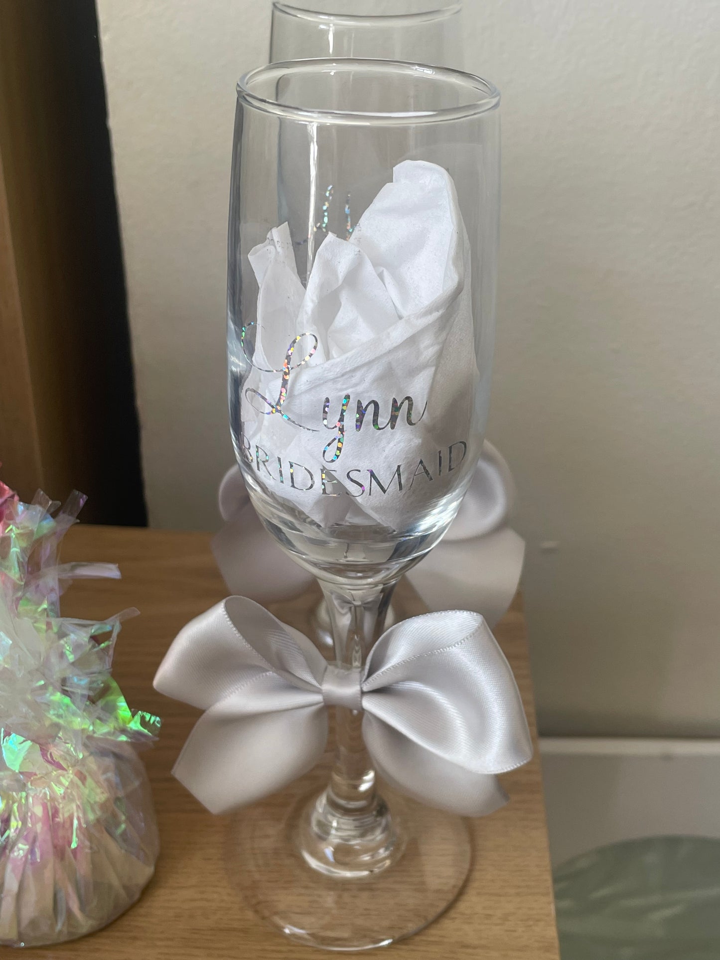 Champagne Glass Personalised Flutes / Bride / Groom /Bridesmaid colours to match