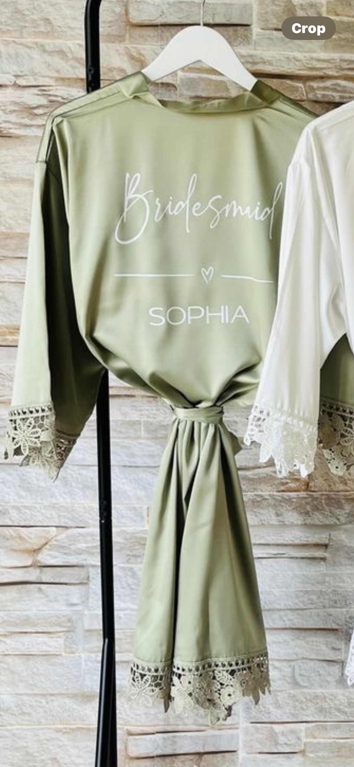 Green dress with 'Bridesmaid' and 'SOPHIA' text on a wooden background