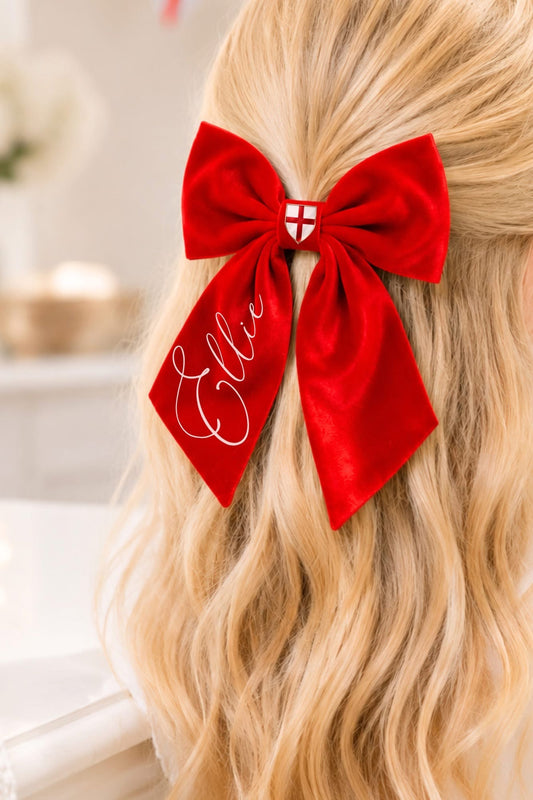 Personalised large velvet bow with England shield