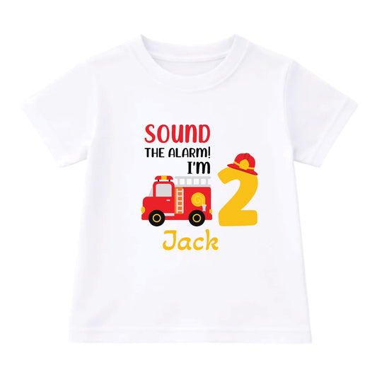 White t-shirt with a fire truck design and text on a white background