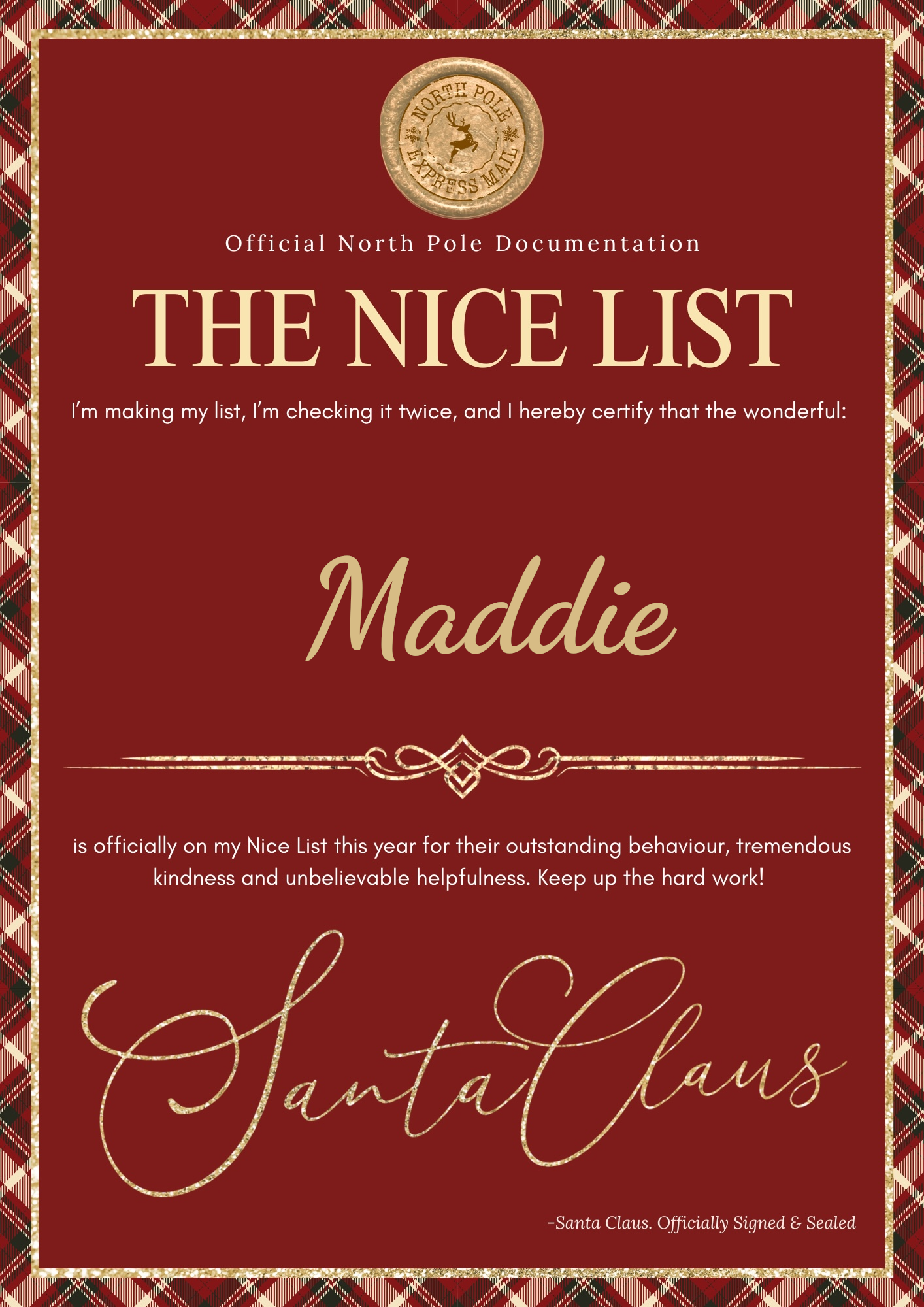 Tartan Christmas Eve Magnetic box with nice letter