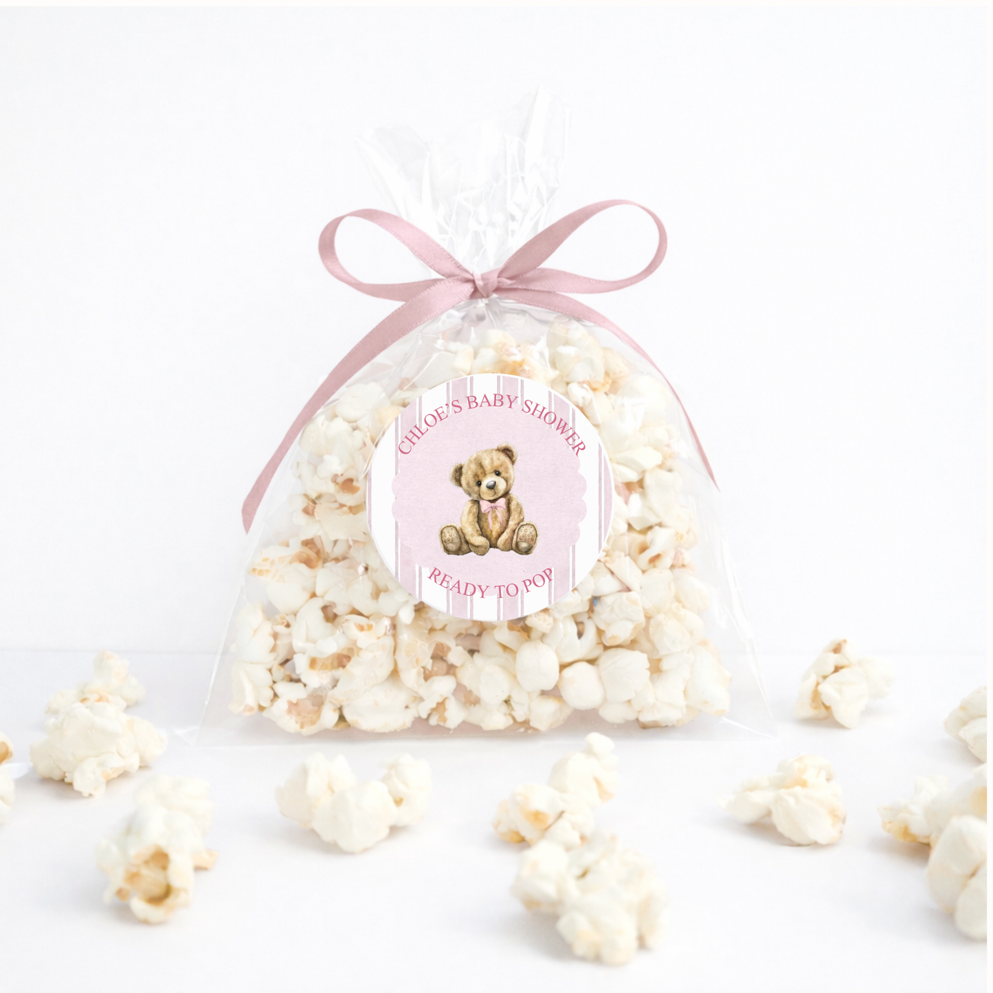 Ready to Pop Custom Baby Shower bags with stickers and ribbons no popcorn