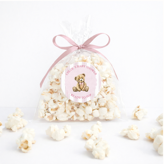 Ready to Pop Custom Baby Shower bags with stickers and ribbons no popcorn