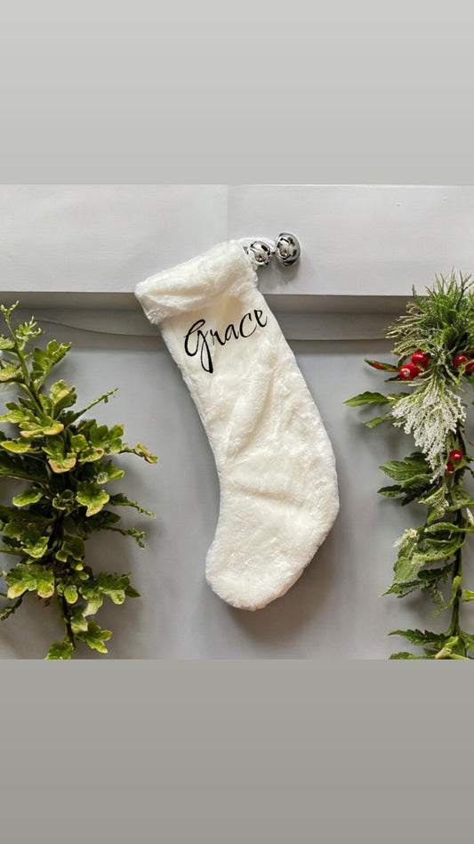 Fluffy Soft Christmas Stockings with Silver Bells Personalised