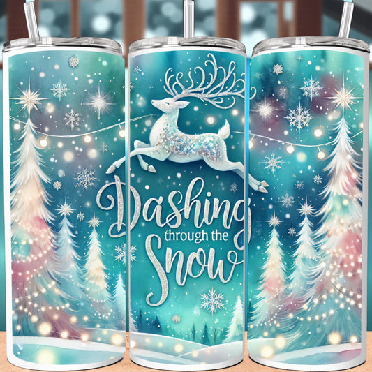 Three tumbler with a winter scene design featuring a deer and 'Dashing through the snow' text.