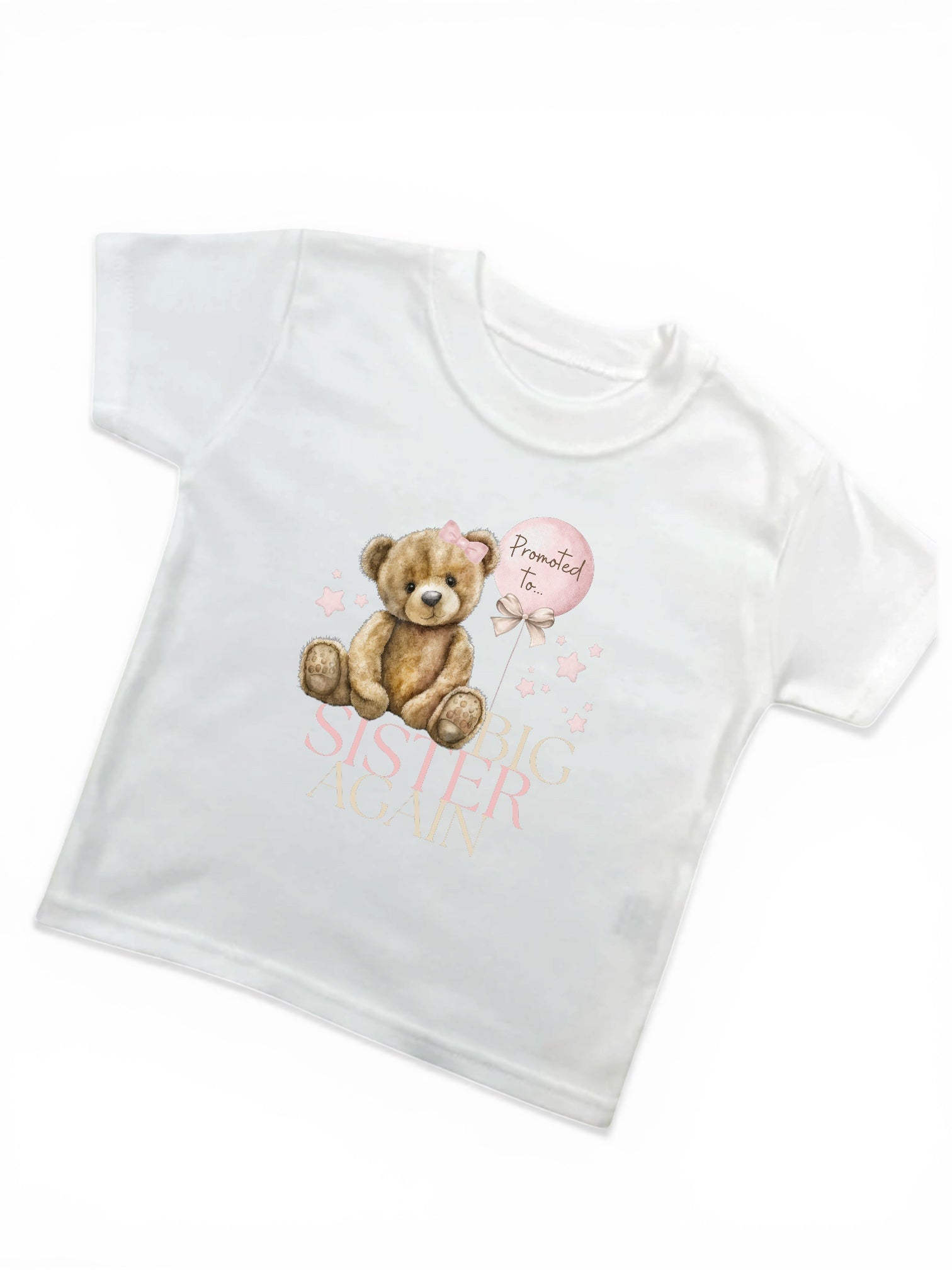 White t-shirt with teddy bear and text design on a white background