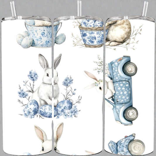 Set of three tumblers with Easter-themed designs including bunnies, eggs, and a car.