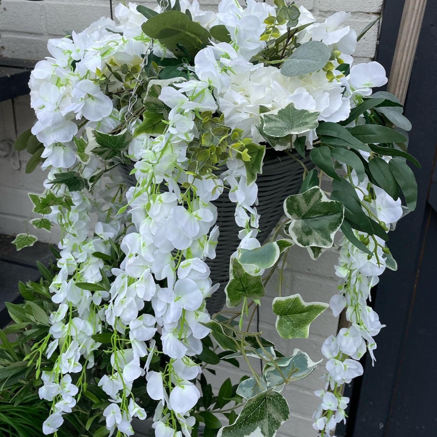Inspired by Mrs Hinch Artificial Wisteria and Ivy and Eucalyptus foliage and basket to last all season smaller basket