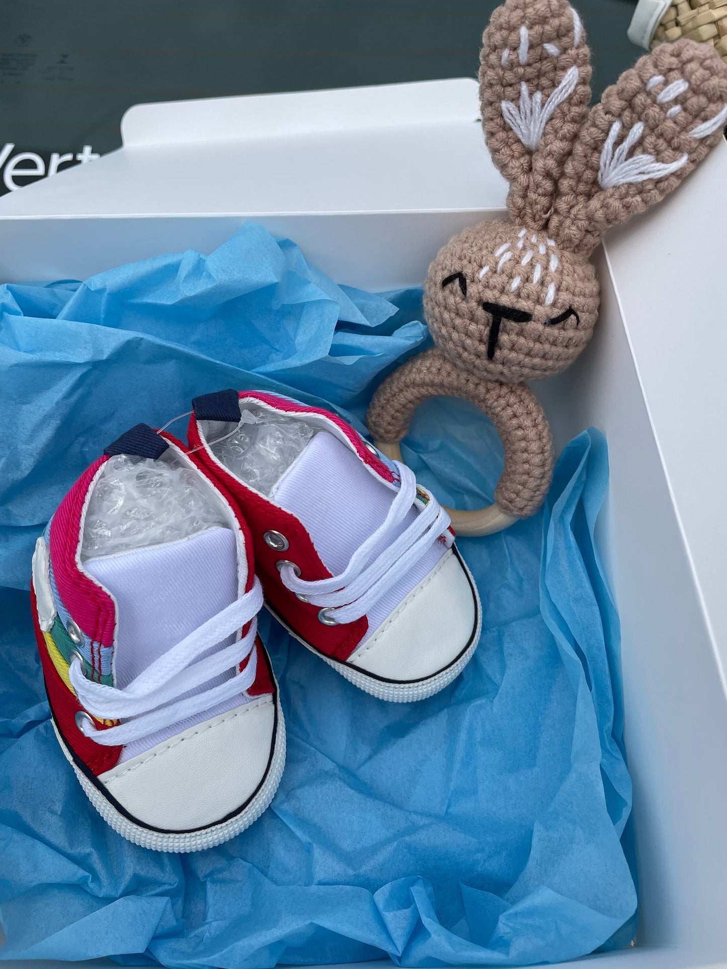 Baby Box Gift / New Baby Gift/ Baby Shower Gift / rainbow/ baby Rattle/ Baby shoes