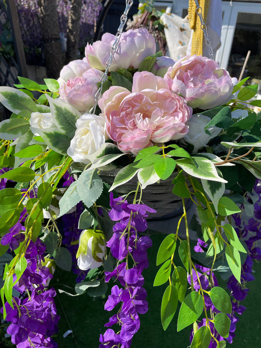 Hanging basket round / Artifical Peonies / Wisteria/ 14inch / door decor / garden decor