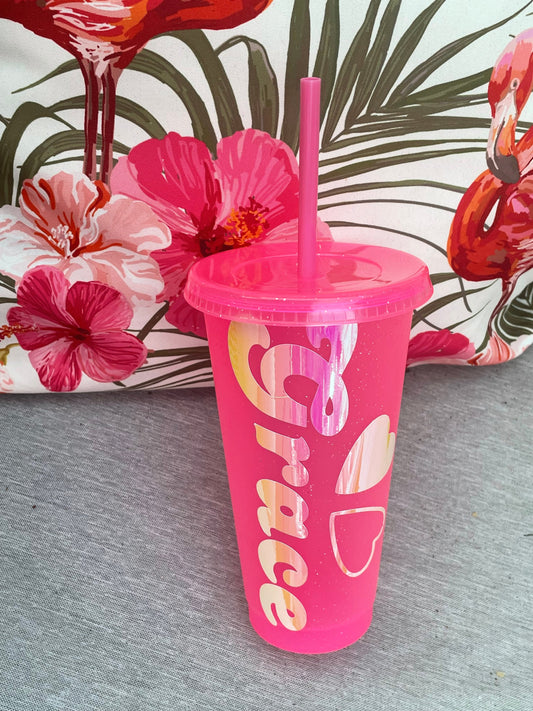 Sparkle 24oz Cold Cups with straw mirrors personalised
