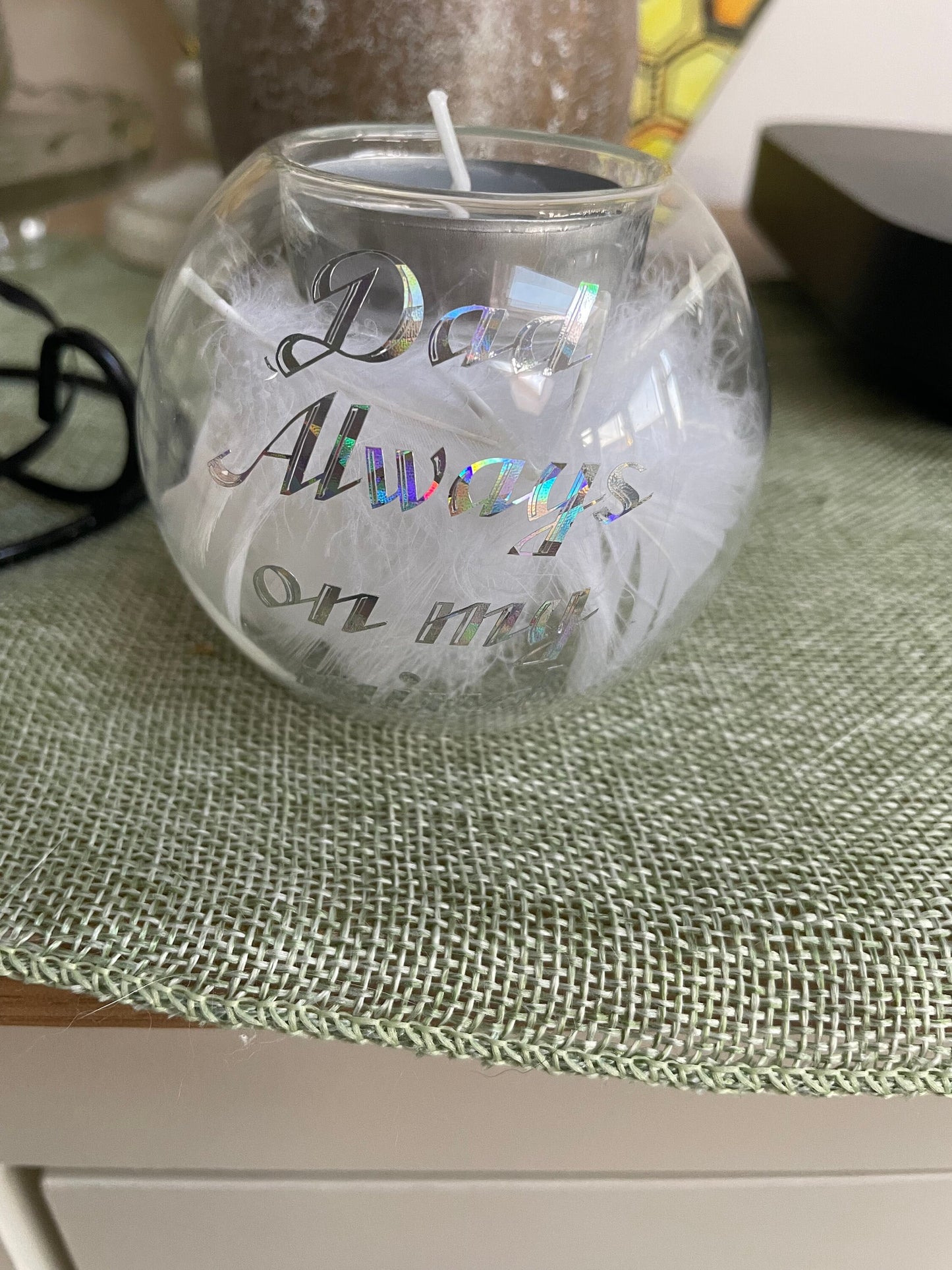 Memorial glass feather candle holder / dad / mum / grandparents special person