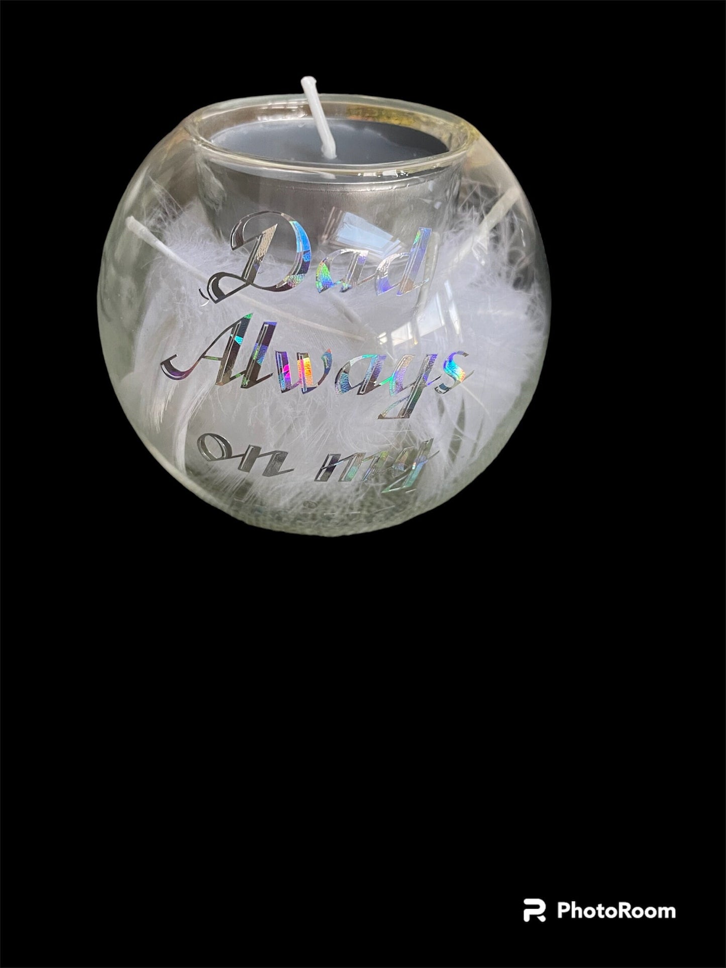 Memorial glass feather candle holder / dad / mum / grandparents special person